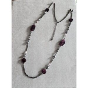 Avon Purple Glass Faceted & Gunmetal Faux Pearl Necklace w Pink Crystal Accents